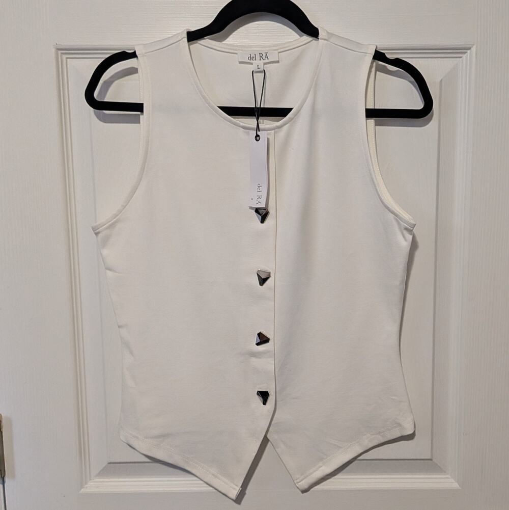 del RA White Asymmetric Sleeveless Top Silver Geometric Button Blouse L NWT
